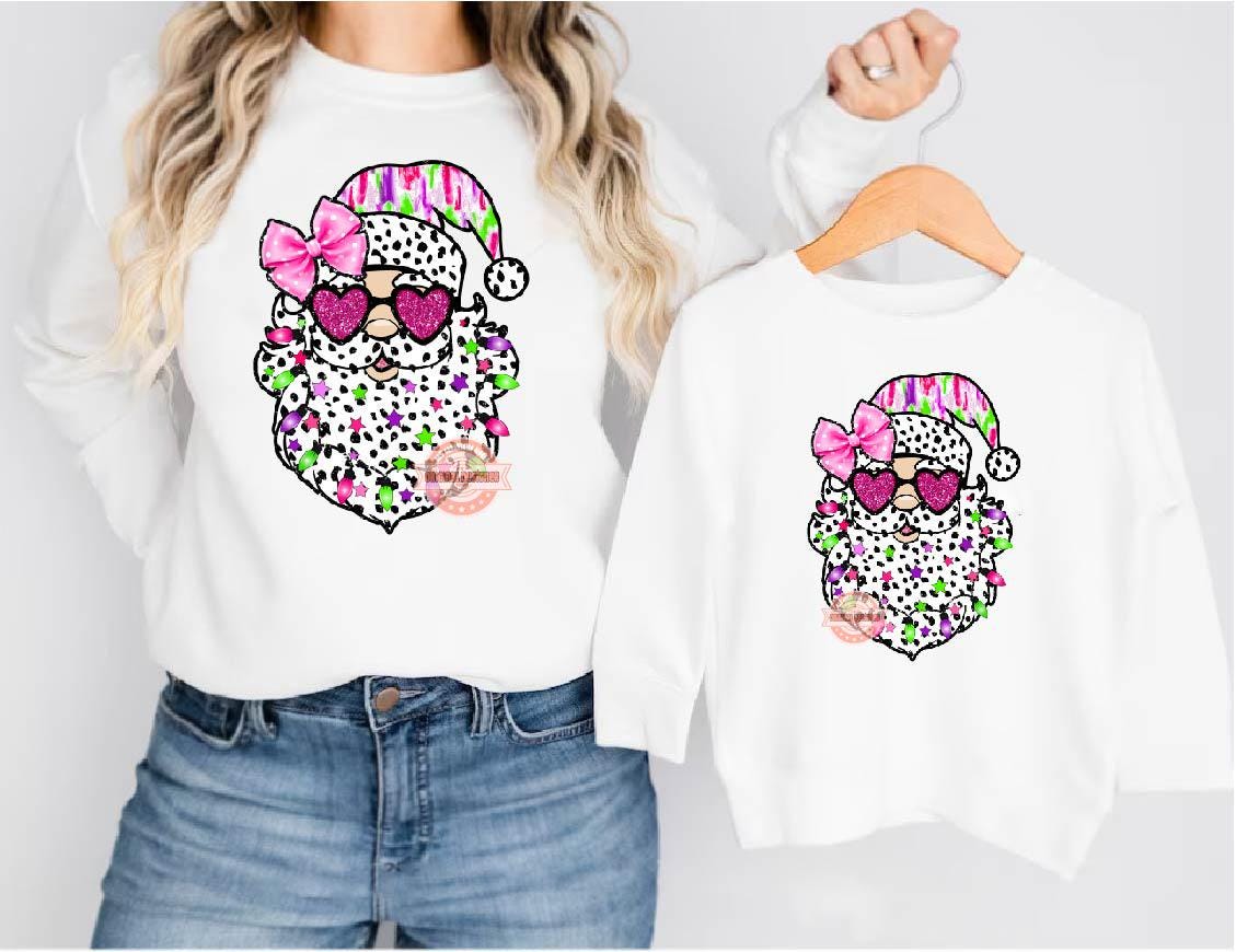 Santa Coquette Bow PNG, Colorful Brushstroke Santa face Dalmatian Pink bow Glitter sunglasses Christmas Shirt Design Sublimation & Dtf file