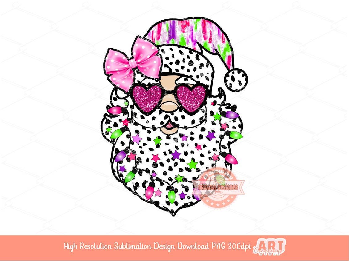 Santa Coquette Bow PNG, Colorful Brushstroke Santa face Dalmatian Pink bow Glitter sunglasses Christmas Shirt Design Sublimation & Dtf file