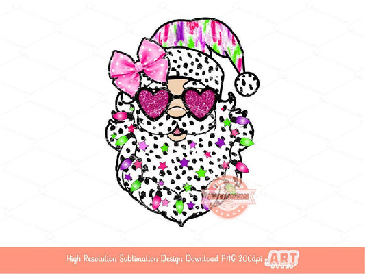 Santa Coquette Bow PNG, Colorful Brushstroke Santa face Dalmatian Pink bow Glitter sunglasses Christmas Shirt Design Sublimation & Dtf file