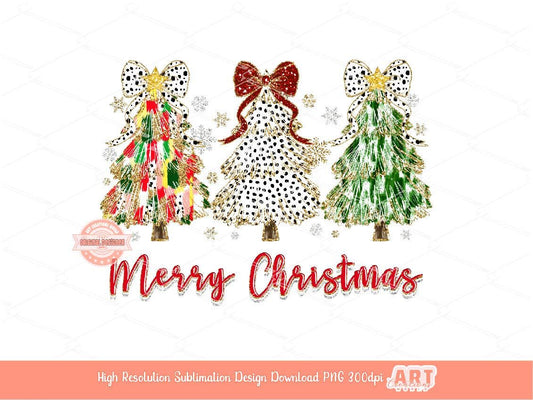 Coquette Merry Christmas PNG, Colorful Hand Drawn bright brushstroke 3 Trees Dalmatian Bow gold Red glitter Shirt Design Sublimation & Dtf