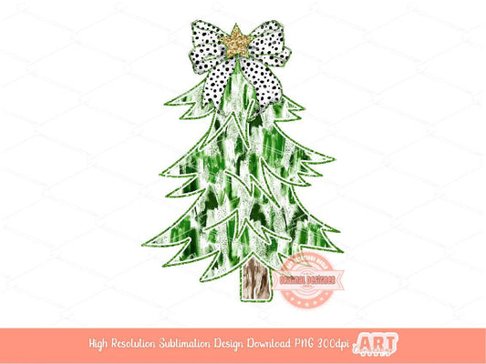 Colorful Coquette Green Glitter Christmas Tree PNG, Hand Drawn Dalmatian Bow Shirt Design bright Paint Brush Stroke Sublimation & Dtf file