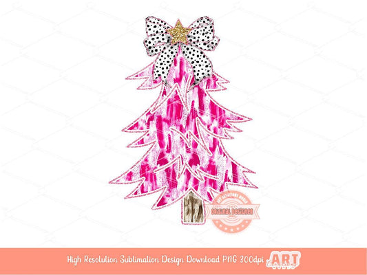 Pink Coquette Glitter Christmas Tree PNG, Hand Drawn bright Pink Paint Brush Stroke Tree Dalmatian Bow Shirt Design Sublimation & Dtf file