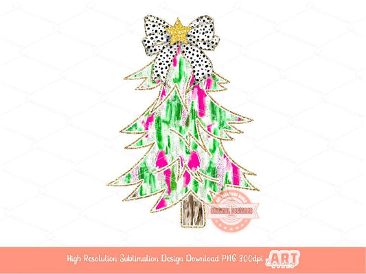 Colorful Coquette Gold Christmas Tree PNG, Hand Drawn bright Pink Green Paint Brush Stroke Dalmatian Bow Shirt Design Sublimation & Dtf file