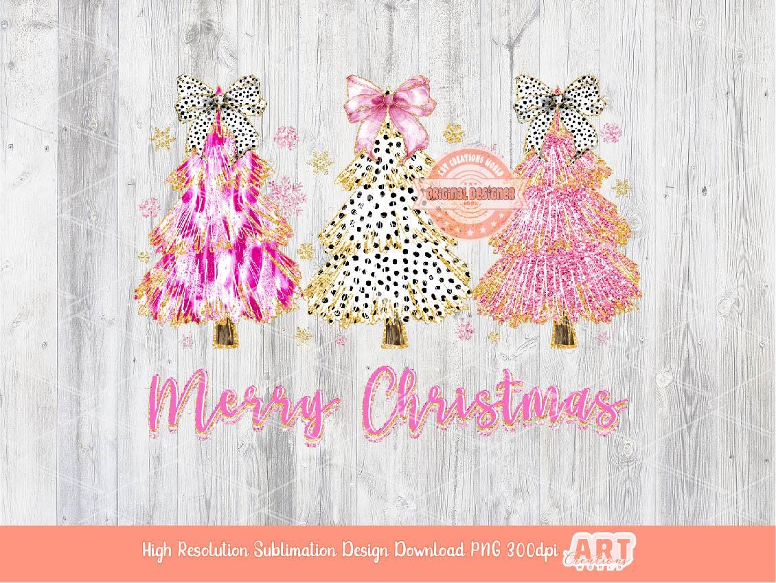 Coquette Merry Christmas PNG, Hand Drawn bright Paint Brush Stroke Tree Dalmatian Bow gold glitter Pink Shirt Design Sublimation & Dtf file