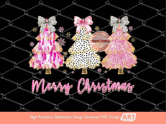 Coquette Merry Christmas PNG, Hand Drawn bright Paint Brush Stroke Tree Dalmatian Bow gold glitter Pink Shirt Design Sublimation & Dtf file