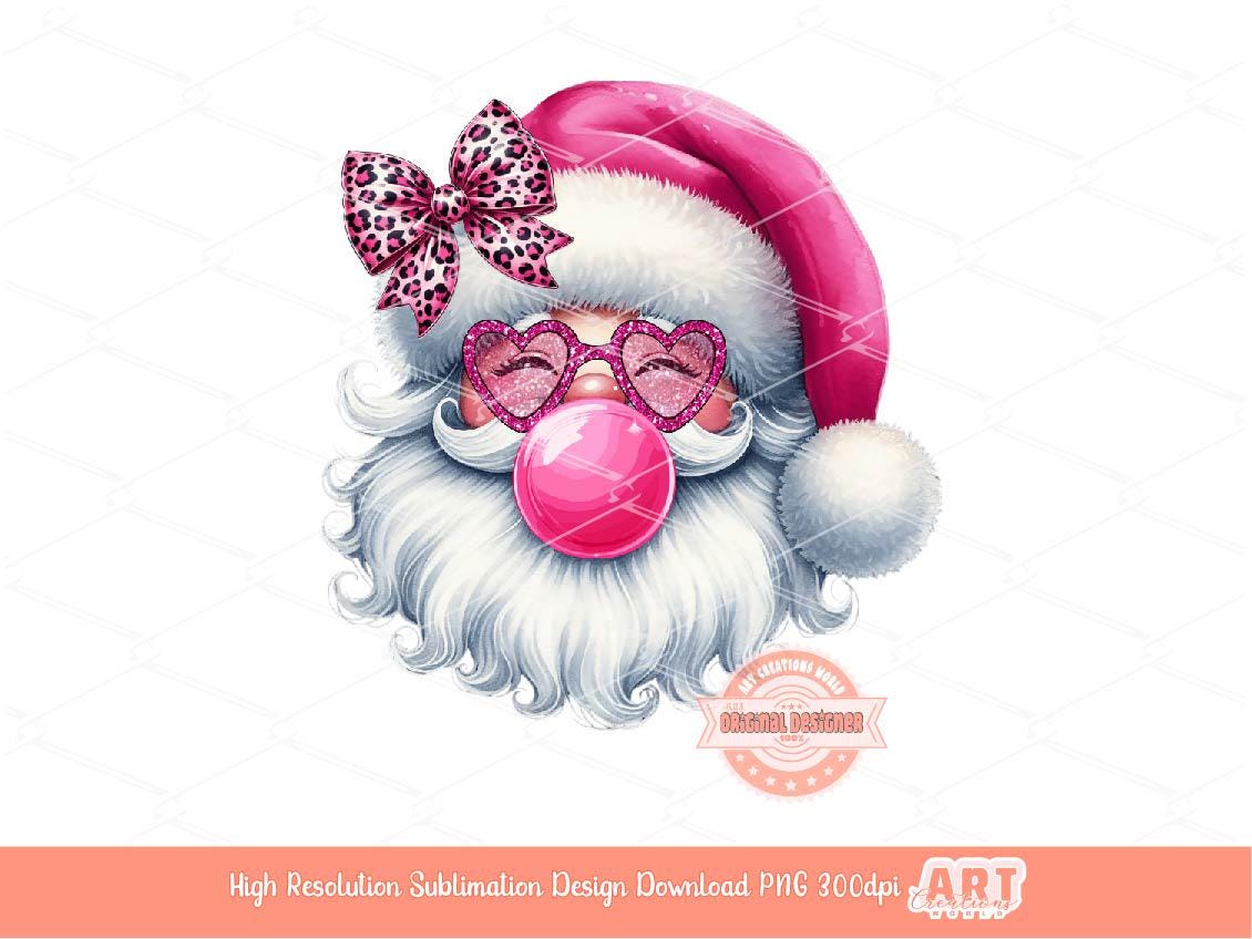 Coquette Santa PNG, Retro vintage Santa face with bubble gum Pink leopard bow Glitter sunglasses Christmas Shirt Design Sublimation & Dtf