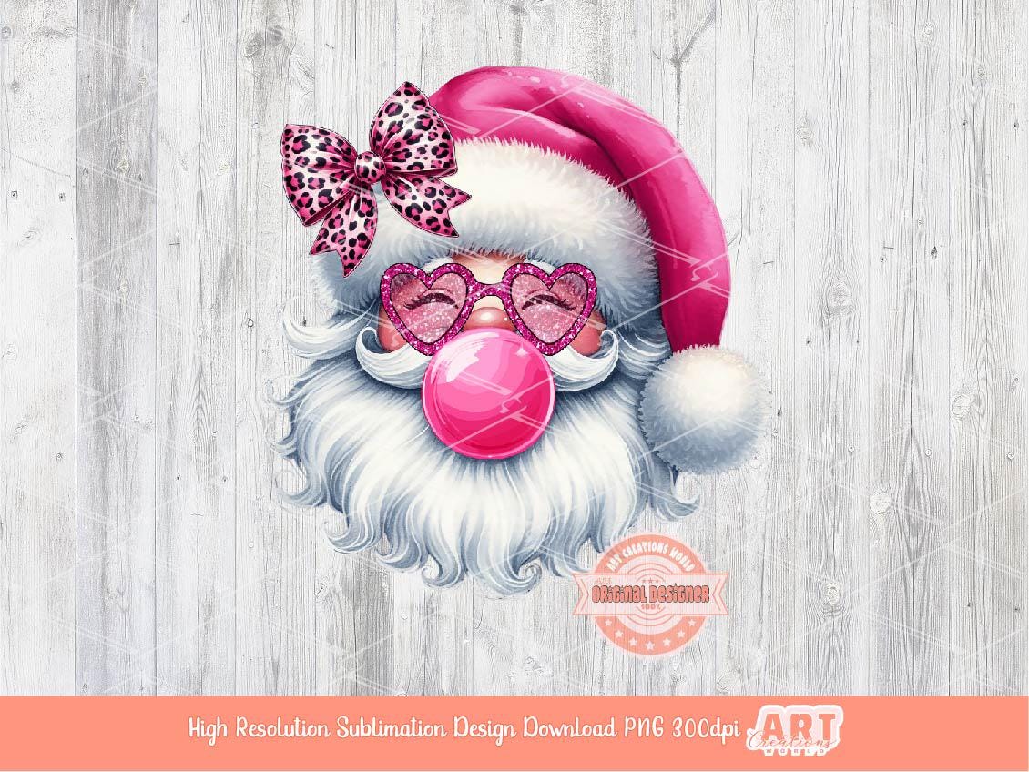 Coquette Santa PNG, Retro vintage Santa face with bubble gum Pink leopard bow Glitter sunglasses Christmas Shirt Design Sublimation & Dtf