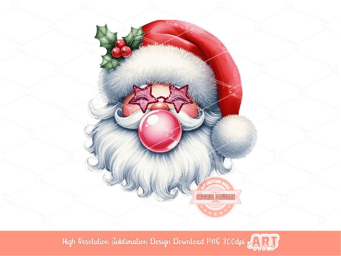 Coquette Santa PNG, Retro vintage Cute Santa face with bubble gum Pink Glitter Star Sunglasses Christmas Shirt Design Sublimation & Dtf File