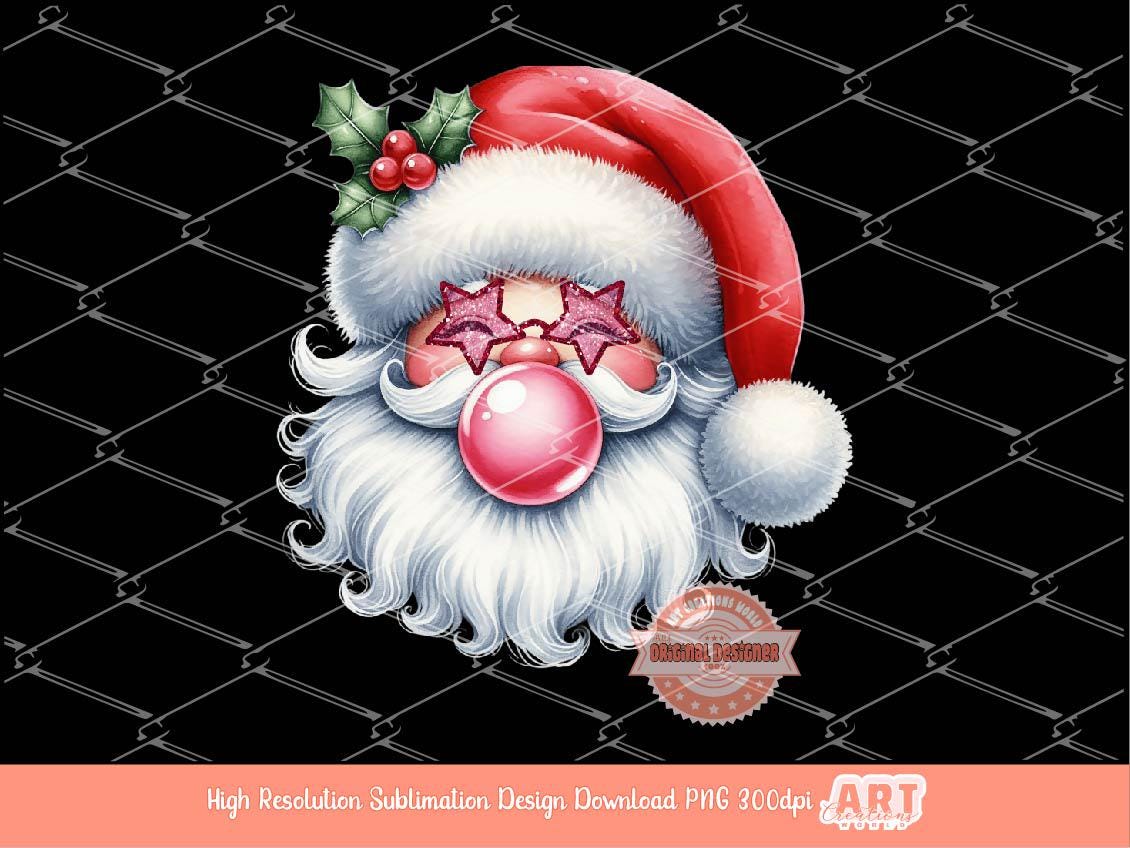 Coquette Santa PNG, Retro vintage Cute Santa face with bubble gum Pink Glitter Star Sunglasses Christmas Shirt Design Sublimation & Dtf File