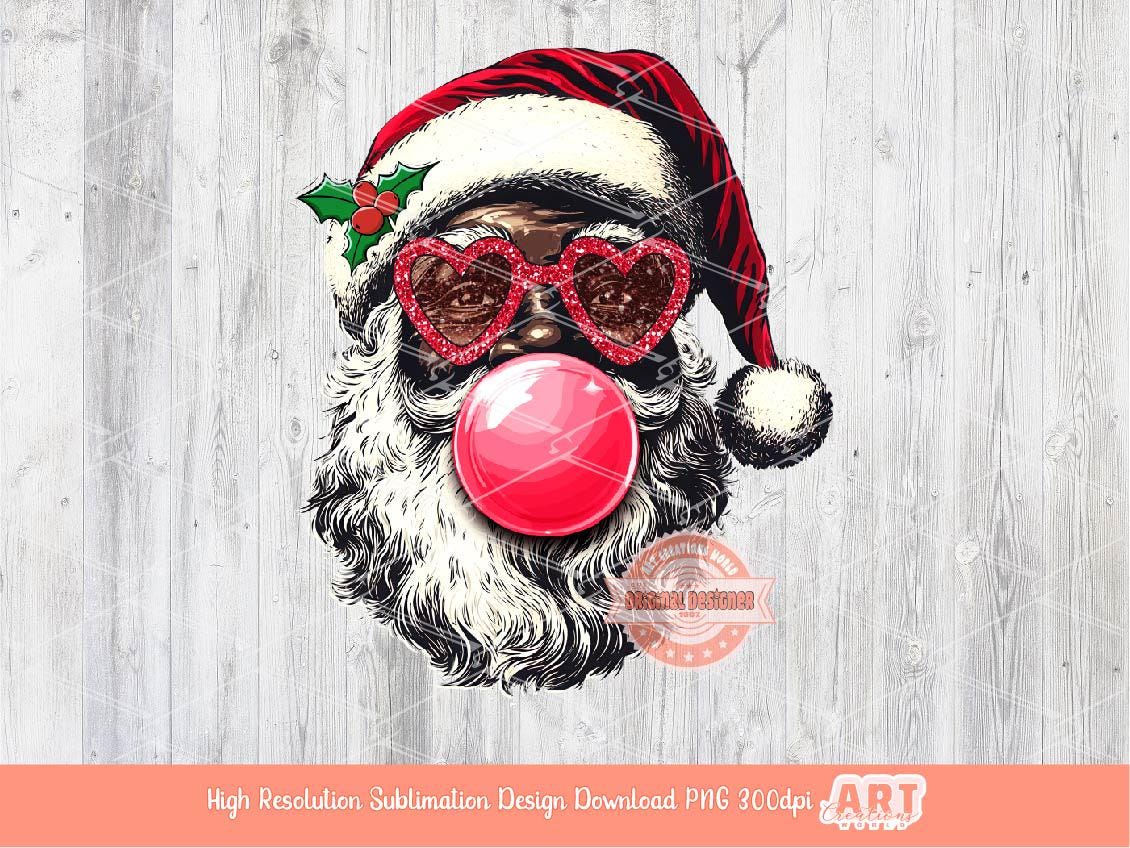 Coquette Black Santa PNG, Retro vintage Santa face with bubble gum Red Sunglasses Christmas Shirt Design Sublimation & Dtf File Digital