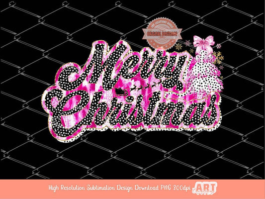 Coquette Merry Christmas PNG, Hand Drawn Pink Messy Paint Brush Stroke Dalmatian Bow Tree gold glitter Shirt Design Sublimation & Dtf Png