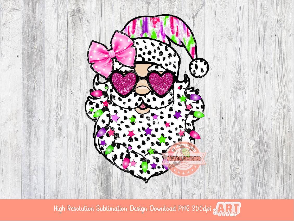 Santa Coquette Bow PNG, Colorful Brushstroke Santa face Dalmatian Pink bow Glitter sunglasses Christmas Shirt Design Sublimation & Dtf file