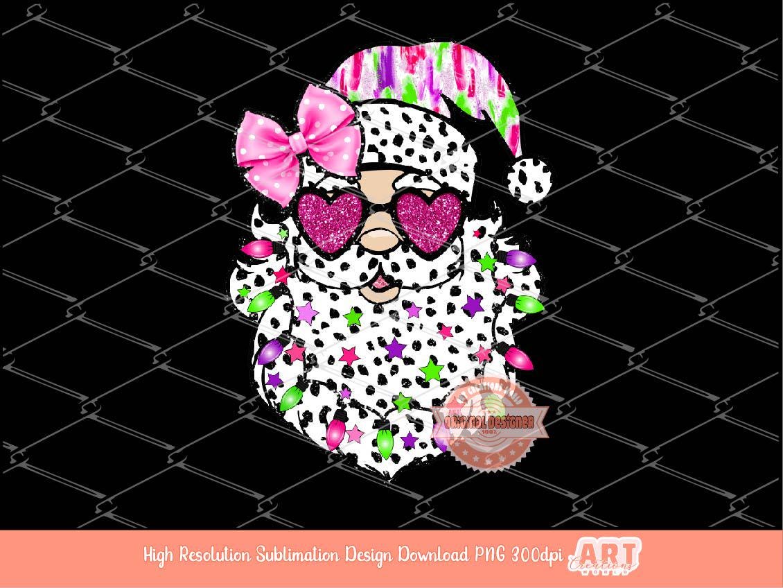 Santa Coquette Bow PNG, Colorful Brushstroke Santa face Dalmatian Pink bow Glitter sunglasses Christmas Shirt Design Sublimation & Dtf file