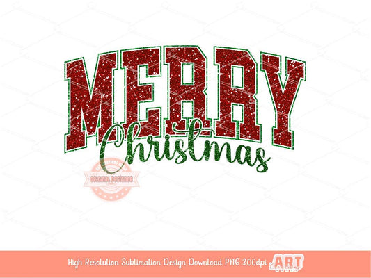 Merry Christmas Varsity PNG Glitter Christmas shirt design Retro trendy red green holiday PNG file for Sublimation and DTF Digital download