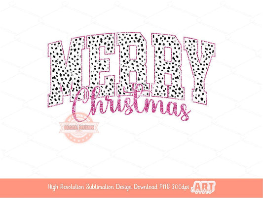 Merry Christmas Varsity PNG Pink Glitter Dalmatian Spots Christmas shirt design retro trendy PNG file for Sublimation & DTF Digital download