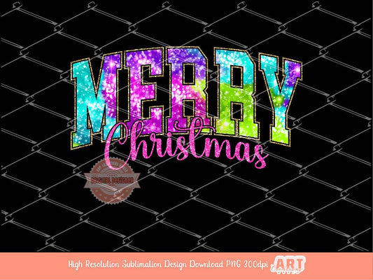 Merry Christmas Varsity PNG Glitter Iridescent Unicorn Bright Colors shirt design trendy PNG file for Sublimation & DTF Digital download