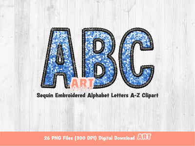 Light Blue Sequin Letters PNG, Black Faux Embroidered Outline Glitter Sequins PNG Alphabet Set Clipart, Custom Alpha colors Digital Download