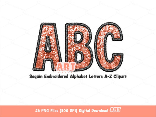 Peach Sequin Letters PNG, Light Orange with Faux Embroidered Outline Glitter Sequins PNG Alphabet Set Clipart, Custom Alpha colors Downloads