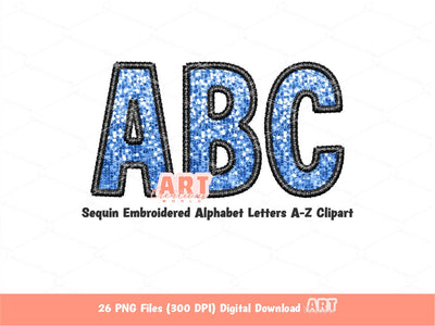 Light Blue Sequin Letters PNG, Black Faux Embroidered Outline Glitter Sequins PNG Alphabet Set Clipart, Custom Alpha colors Digital Download