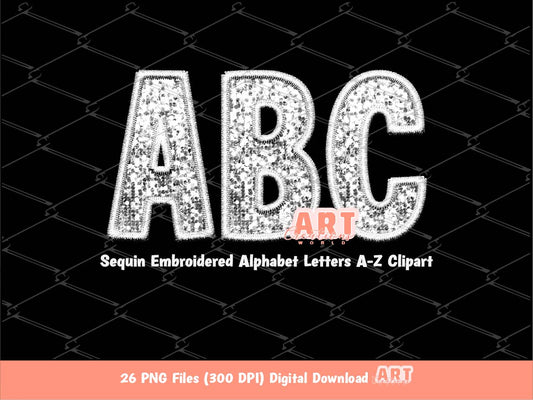 White Sequin Letters PNG, Faux Embroidered White Silver Glitter Sequins PNG Alphabet Set Clipart, Custom alpha A-Z colors Digital Download