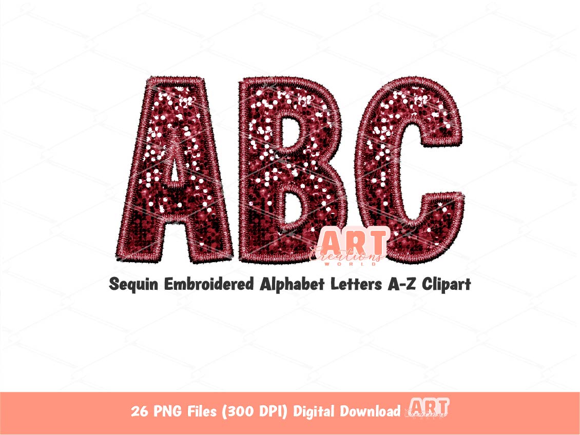 Maroon Sequin Letters PNG, Faux Embroidered Dark Red Burgundy Glitter Sequins PNG Alphabet Set Clipart, Custom alpha colors Digital Download