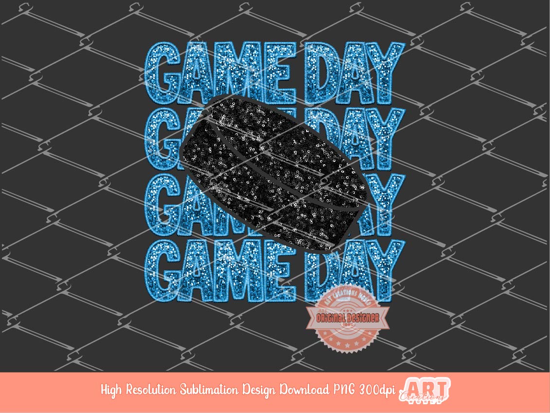 Game Day Hockey PNG, Blue Faux Embroidery Glitter Sequin Hockey Puck Png file Sublimation, dtf Shirt Design Digital Download