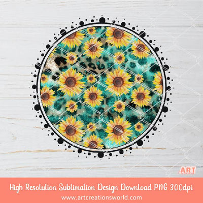 Turquoise Western Circle Background PNG Sublimation Design - 2 Sunflower and Turquoise Leopard Backgrounds