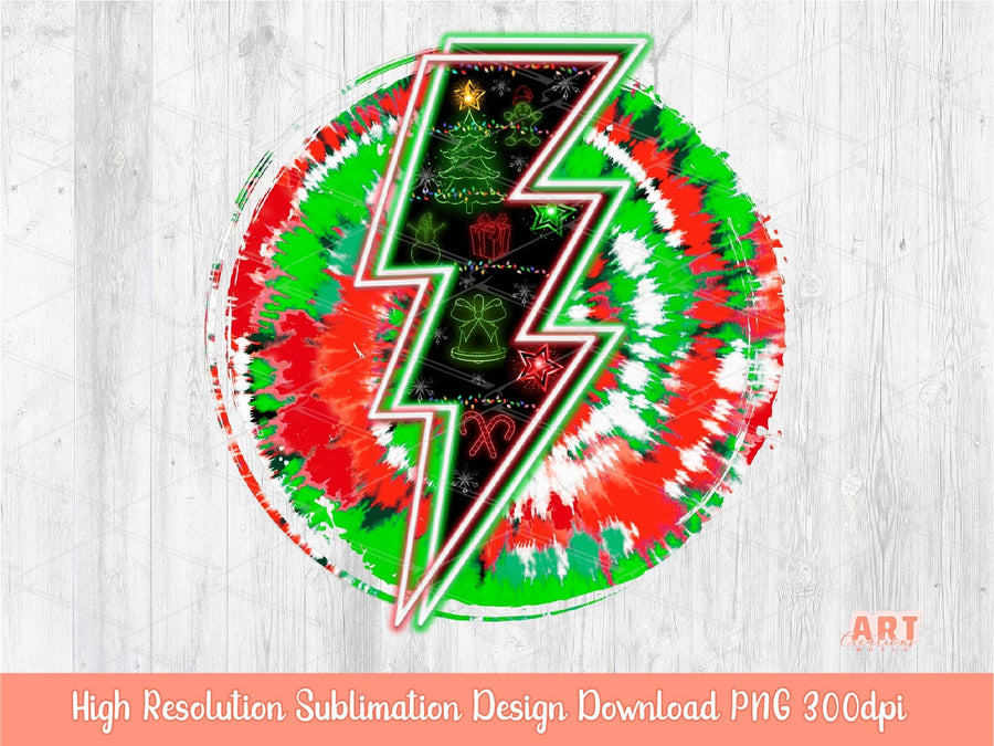 Christmas Neon Tie dye Background Sublimation PNG | Red and Green Neon Lightning Bolt Circle Background | Hippie Christmas Sublimation PNG