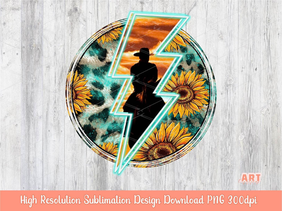 Western Cowboy Background Sublimation PNG | Neon Turquoise Lightning Bolt Background Png | Sunflower Leopard Glitter Turquoise PNG