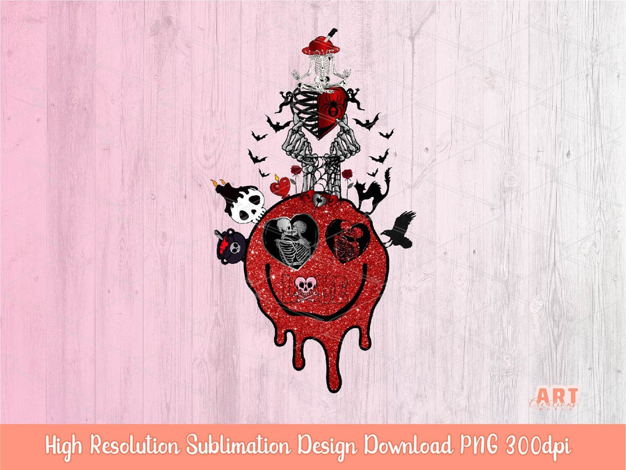 Funny Valentines day 2023 Lovers Sublimation, Anti valentine PNG, Spooky goth Valentine, Retro Red pink drippy smiley skeleton meditation
