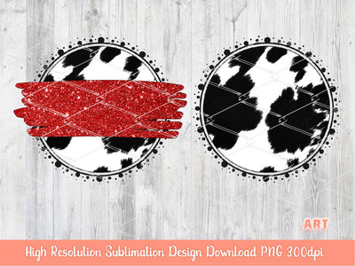 Cow Print Background PNG Sublimation Design - 2 Frames| Western Black and white Cowhide Mascot Team Blank - School Spirit - Red Brush Stroke