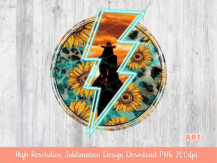 Western Cowgirl Background Sublimation PNG | Neon Turquoise Lightning Bolt Background Png | Sunflower Leopard Glitter Turquoise PNG