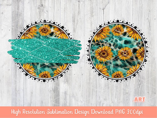 Sunflower Leopard Western Background PNG Sublimation Design - 2 Frames | Cheetah print Turquoise Glitter Brush Stroke Cowboy Cowgirl PNG