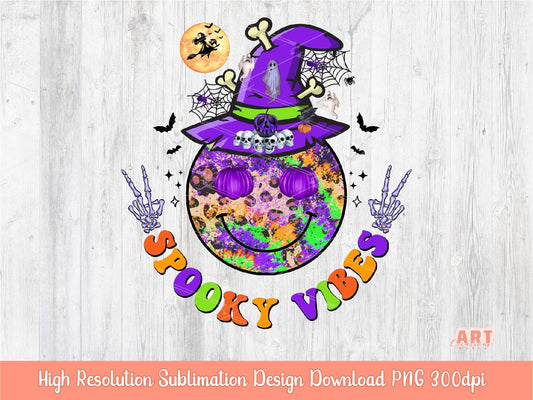 Spooky Vibes Halloween Sublimation PNG | Cute Retro smiley face with Ghosts Halloween PNG | Creepy Purple Witch Hat | Happy Halloween 2022