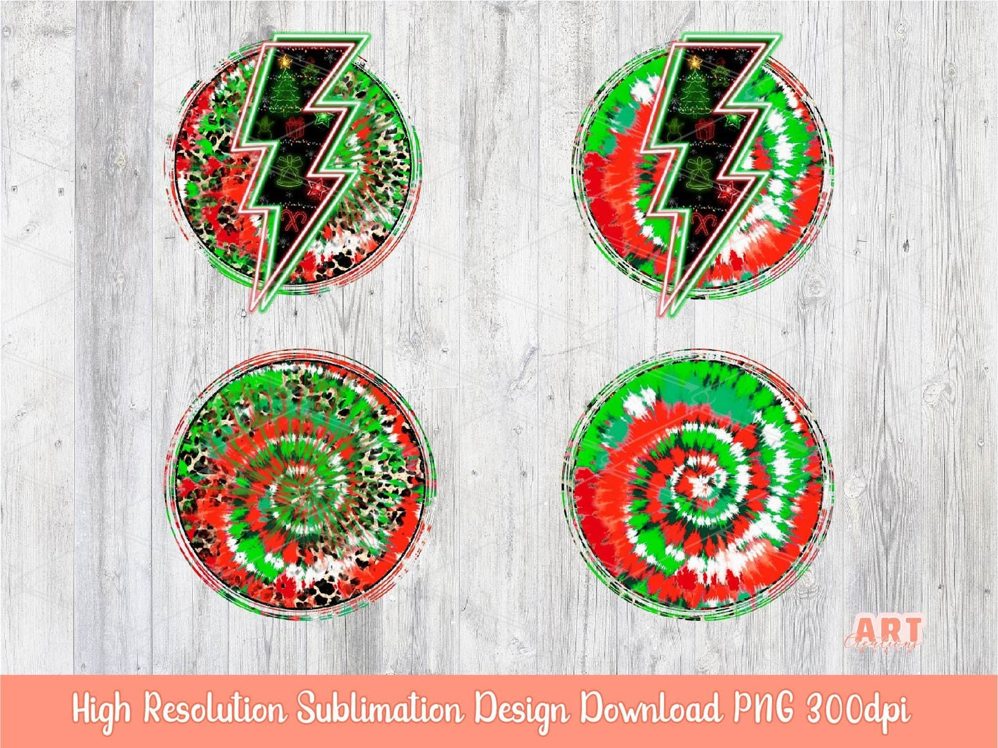 Christmas Tie dye Background Sublimation PNG Bundle | 4 Red and Green Neon Lightning Bolt Circle Backgrounds | Hippie Junkie Christmas 2022