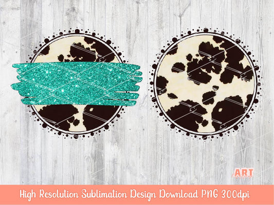 Brown Cowhide Background PNG Sublimation Design - 2 Frames | Western Cow print Mascot Team Blank - School Spirit - Turquoise Brush Stroke