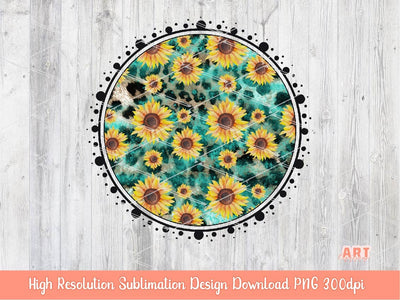 Western Sunflower Leopard Background PNG Sublimation Design - 2 Frames | Cheetah print Turquoise Glitter Brush Stroke Cowboy Cowgirl PNG