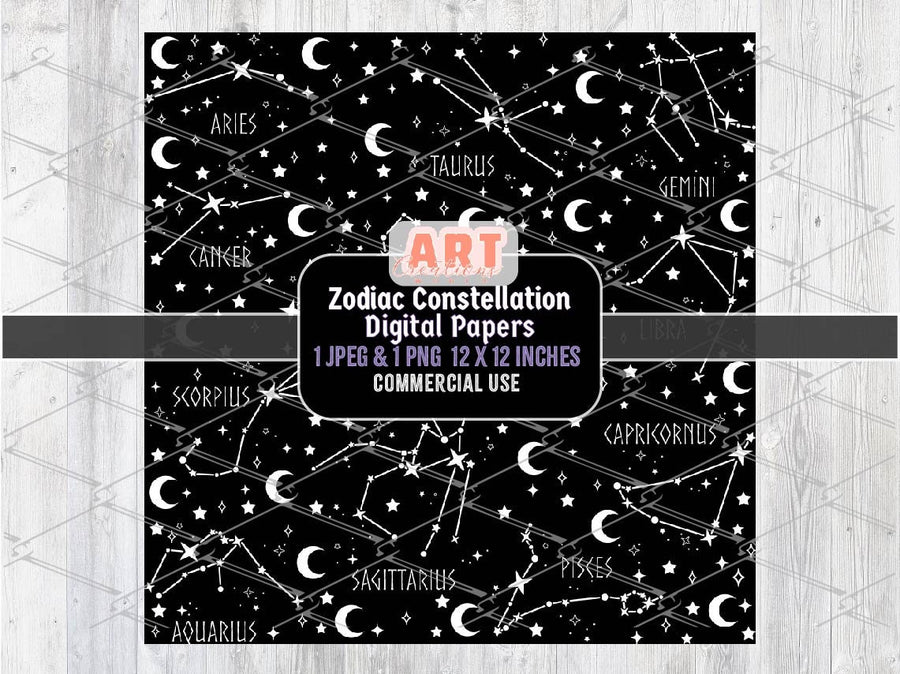 Zodiac Constellation Digital paper, Mystical Galaxy space with moon and stars Texture Background Overlays PNG,  gothic Alt Seamless Pattern