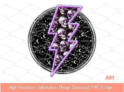 Gothic Frame Background PNG Sublimation Design, Mystical Galaxy space with purple Lightning Bolt, skulls, moon and stars goth shirt Design