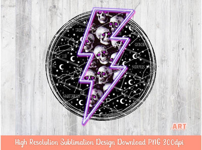 Gothic Frame Background PNG Sublimation Design, Mystical Galaxy space with purple Lightning Bolt, skulls, moon and stars goth shirt Design