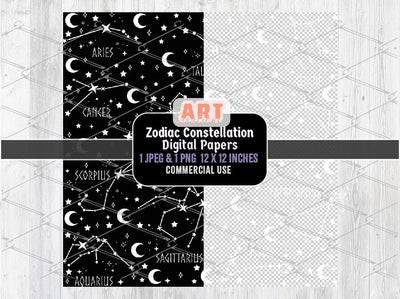 Zodiac Constellation Digital paper, Mystical Galaxy space with moon and stars Texture Background Overlays PNG,  gothic Alt Seamless Pattern