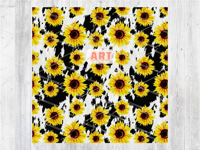 Cowhide Sunflower Digital Paper | Western Black Cow print Background | Black and white Cowhide and Sunflower background design