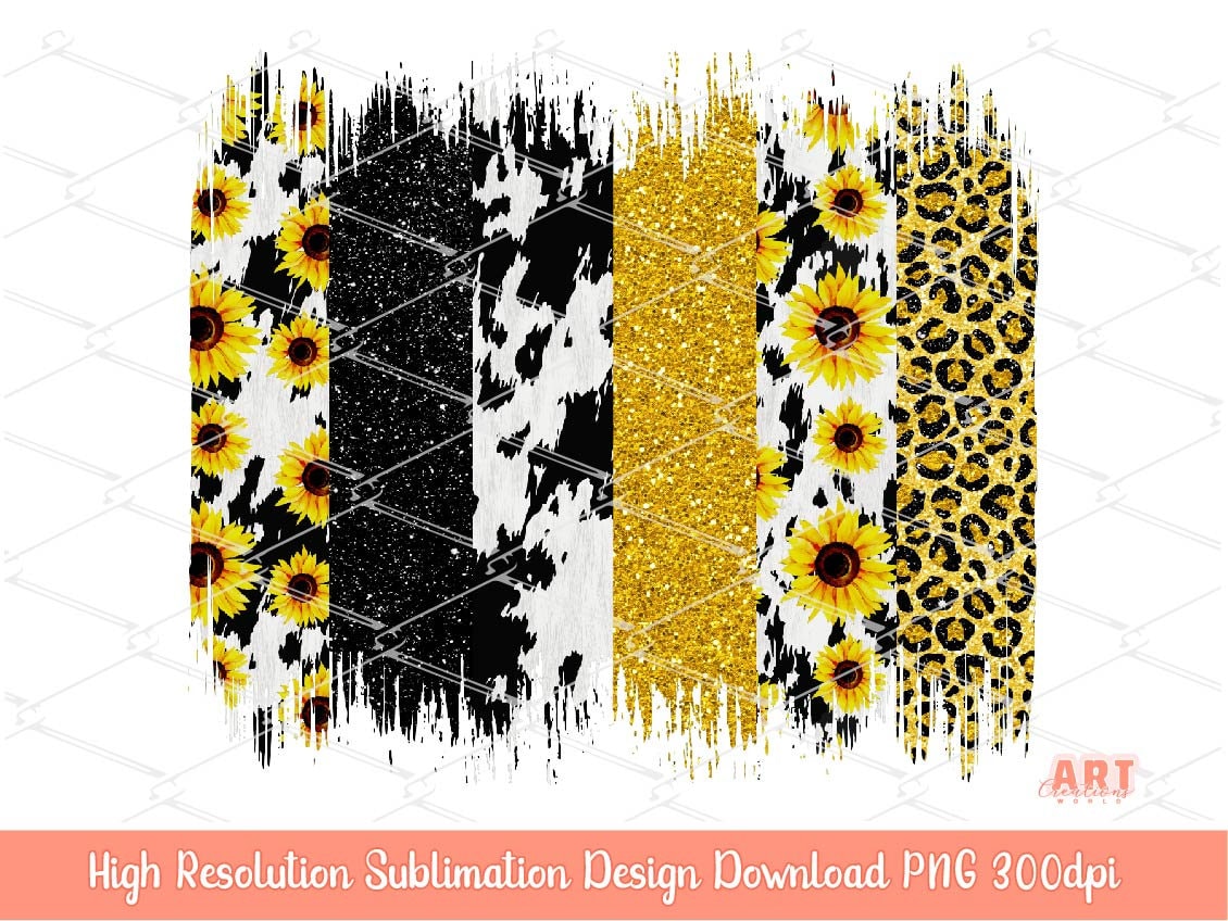 Sunflower Cow print Brush Strokes Background PNG Sublimation | Glitter black and yellow gold brush stroke PNG | Cowgirl Western Cowhide PNG