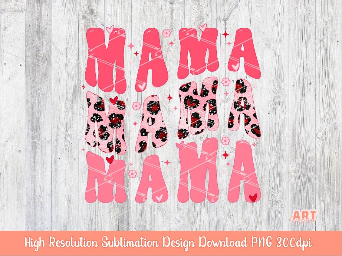 Mama Valentine PNG Sublimation, Happy Valentines Day 2023, Custom Retro groovy layered wavy Mama Pink red hearts shirt design, love mom life