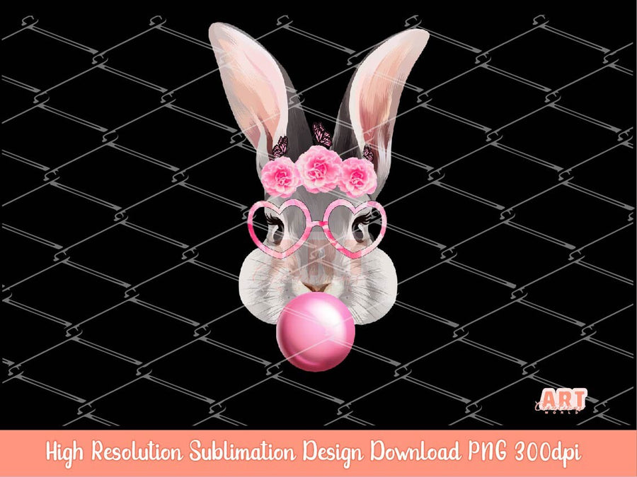 Original Hand Drawn Bunny With Bubblegum, Pink Flowers Butterflies & Heart Glasses PNG Sublimation | Cute Watercolor Easter Rabbit 2023 PNG