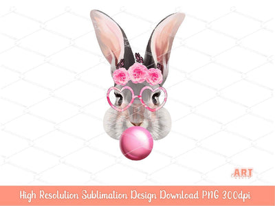 Original Hand Drawn Bunny With Bubblegum, Pink Flowers Butterflies & Heart Glasses PNG Sublimation | Cute Watercolor Easter Rabbit 2023 PNG