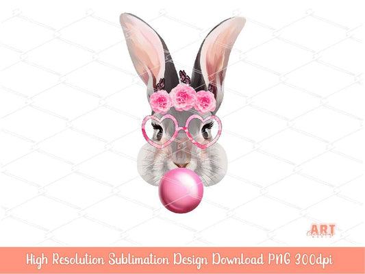 Original Hand Drawn Bunny With Bubblegum, Pink Flowers Butterflies & Heart Glasses PNG Sublimation | Cute Watercolor Easter Rabbit 2023 PNG