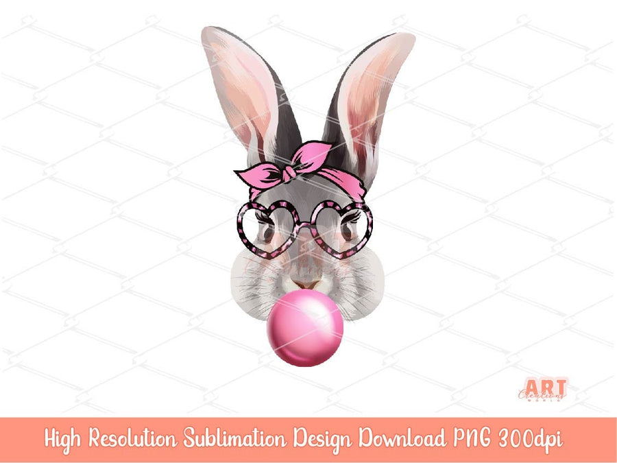 Original Hand Drawn Bunny With Bubblegum, Pink Bandana & Heart Leopard Glasses PNG Sublimation | Cute Watercolor Spring Easter Rabbit 2023
