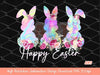 Happy Easter PNG Sublimation, Colorful Holographic bunnies with pink flowers & roses bouquet 2023 Clipart, blooming Magical Spring Bunny