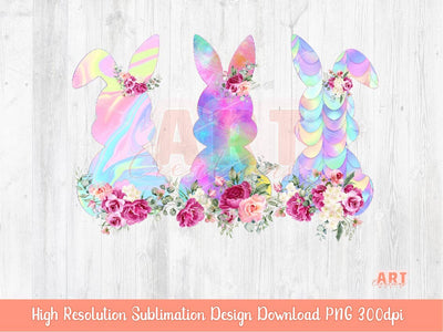 Original Design Colorful Easter Bunnies PNG Sublimation, Neon Bunny with pink flowers & roses bouquet 2023 Clipart, blooming Magical Spring